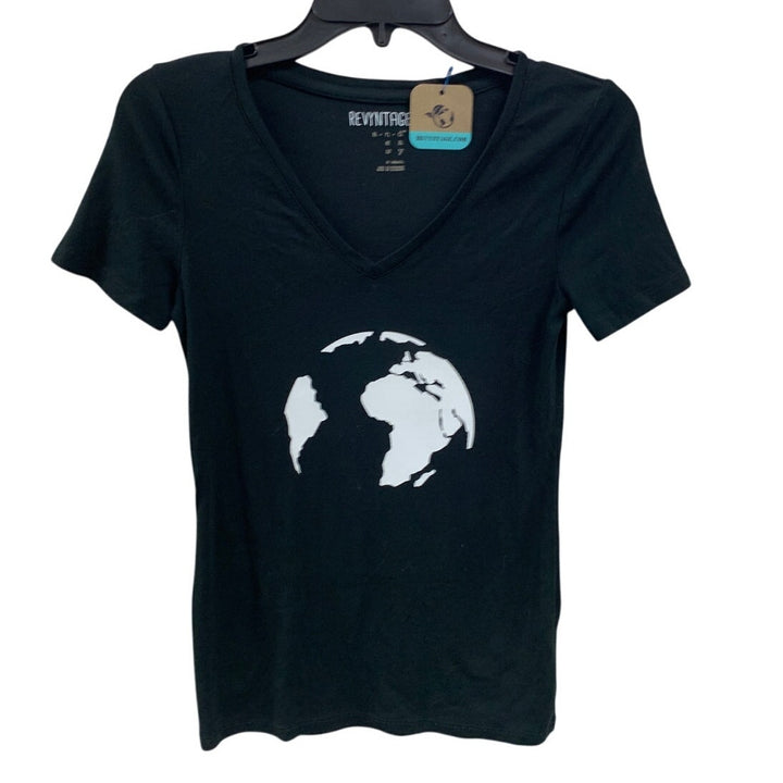 Upcycled Hand Printed Womens XS Black Save the Planet Earth Short Sleeve T Shirt