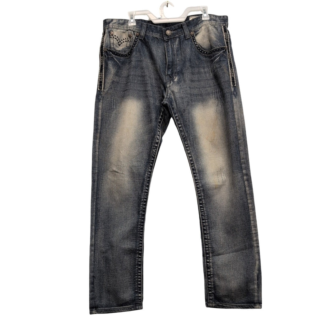 GS115 Mens 36X32 100% Cotton Factory Faded &amp; Distressed Embroidered Denim Jeans