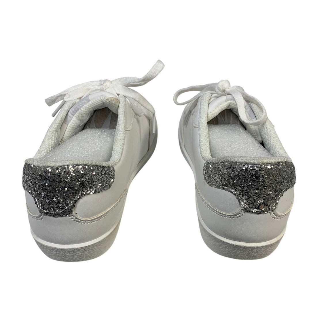 TimeJoy Womens Size 8 White Silver Glitter Sneakers Lace Up Low Top Tennis Shoes