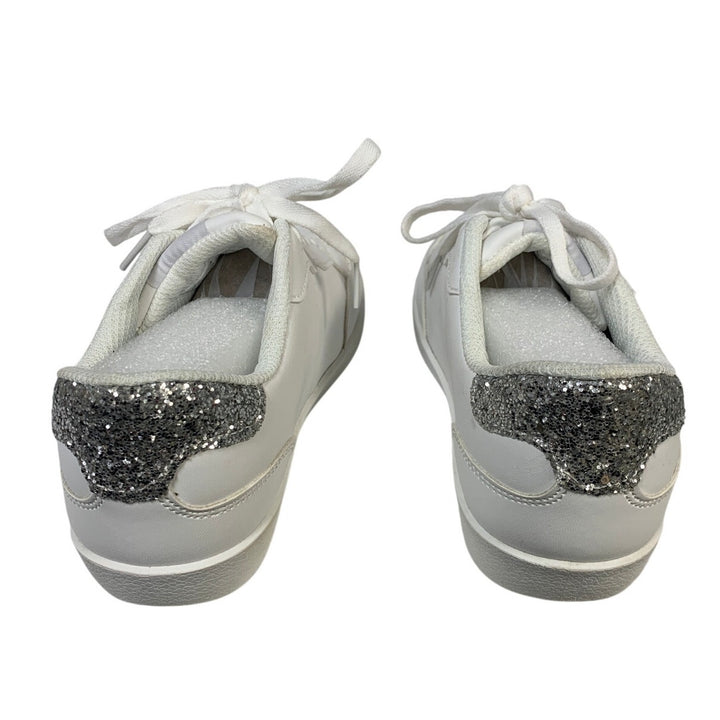 TimeJoy Womens Size 8 White Silver Glitter Sneakers Lace Up Low Top Tennis Shoes