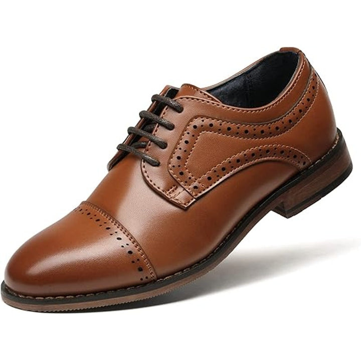 Bruno Marc Boys Size 4 Brown Faux Leather Lace Up Classic Oxfords Dress Shoes