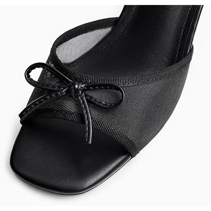 Coutgo Womens Size 7.5 Black Square Open Toe Mesh Strap Bow 2.5" Slip On Heels