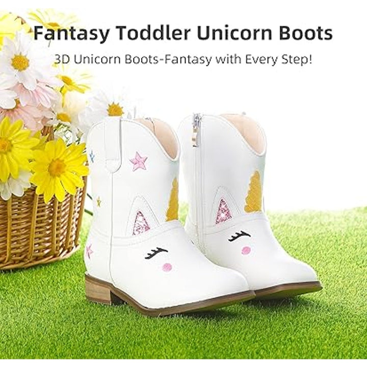 Parrosoo Toddler Girls 9 White Faux Leather Unicorn Cowgirl Cowboy Boot Shoes