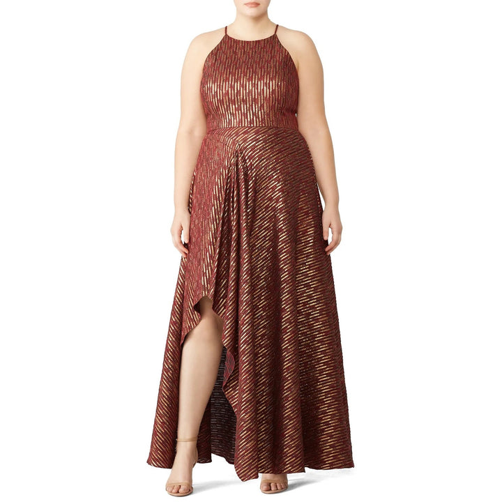 Badgley Mischka 18 Tall Ruby Metallic Gold Hi Low Leg Slit Halter Dress Gown