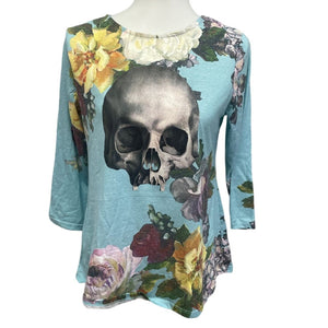 Upcycled Hand Printed Womens Medium Human Skull Goth Bone Floral Long Sleeve Top
