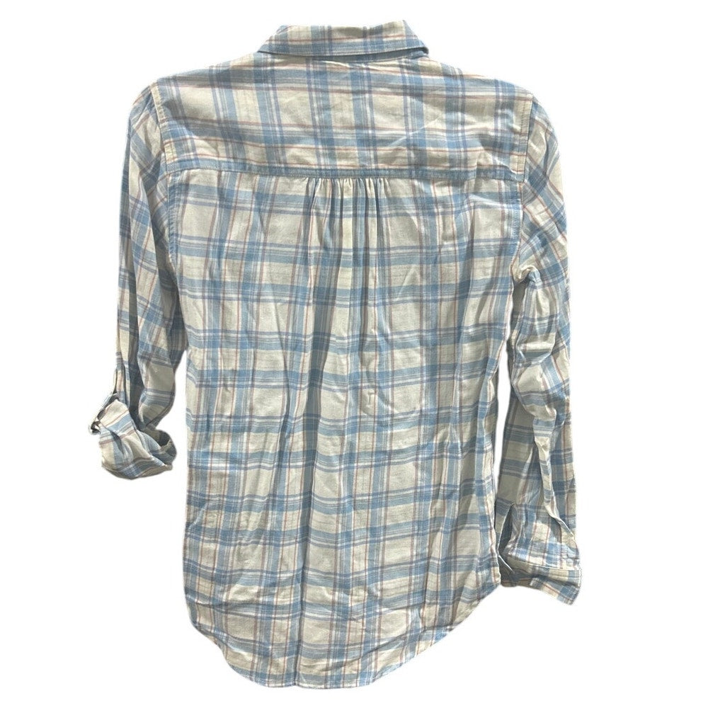 New Eddie Bauer Womens Blue White Plaid Cotton Blend Roll Tab Sleeves Shirt