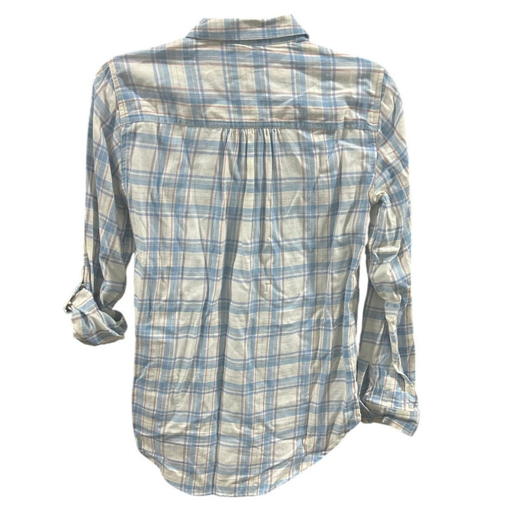 New Eddie Bauer Womens Blue White Plaid Cotton Blend Roll Tab Sleeves Shirt