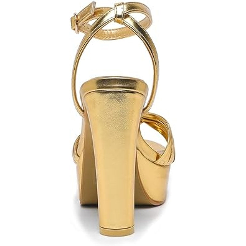 Amoji Womens Size 9.5 Gold 4" Block Heels Platform Braid Knot Ankle Strap Shoes