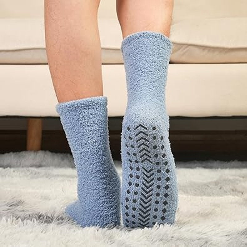 New 5 Pairs Mens Blue Gray Black Warm Thick Fuzzy Non Slip Socks with Grips