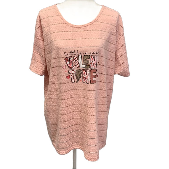 Hand Printed Upcycled Womens 2X Little Miss Valentine Short Sleeve Tee Shirt