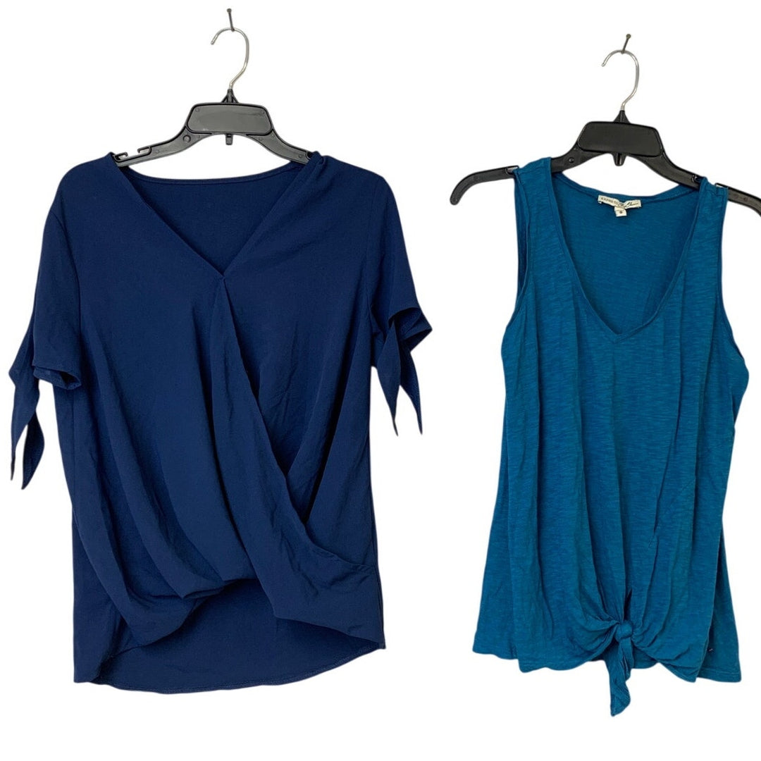 Lot of 2 Express One Eleven Womens Medium Blue V Neck Short Sleeve Top Tank Tops