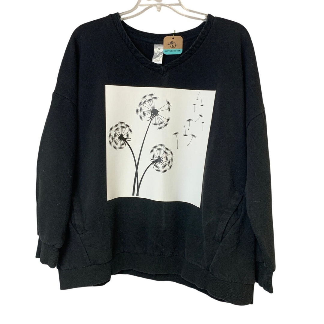 Upcycled Hand Printed Womens XXL Black Dandelion Wish Long Sleeve Sweatshirt