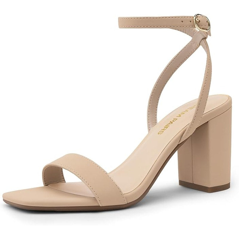 New Dream Pairs Womens Size 7 Nude Tan 3.25" Chunky Heels Square Open Toe Shoes