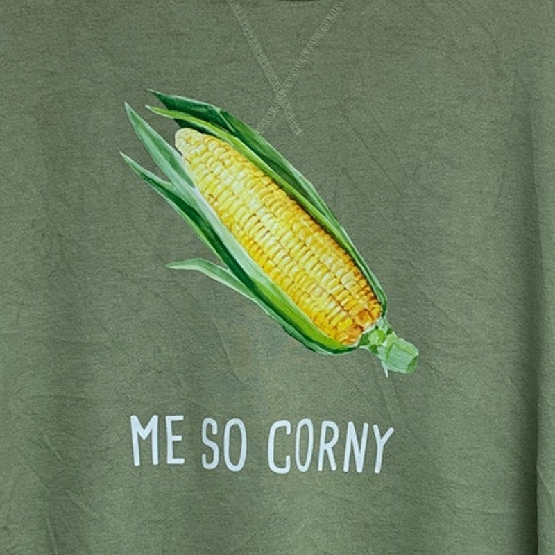 Upcycled Hand Printed Womens 3XL Me So Corny Corn Veggie Long Sleeve Sweatshirt