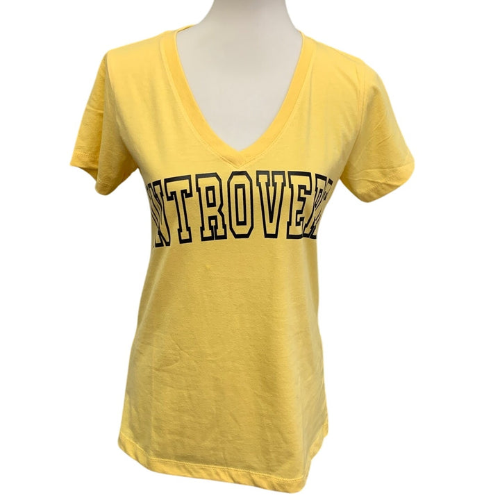 New Hand Printed Womens Medium Introvert V-Neck Short Sleeve Tee Shirt