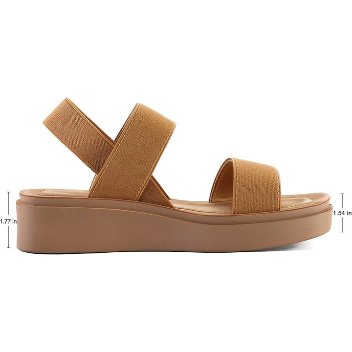 Mysoft Womens 9.5 Camel Brown 1.5" Platform Wedges Elastic Strap Sandal Shoes