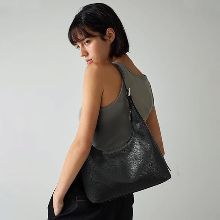 Kalidi Womens Black Faux Leather Adjustable Strap Zipper Close Crescent Tote Bag