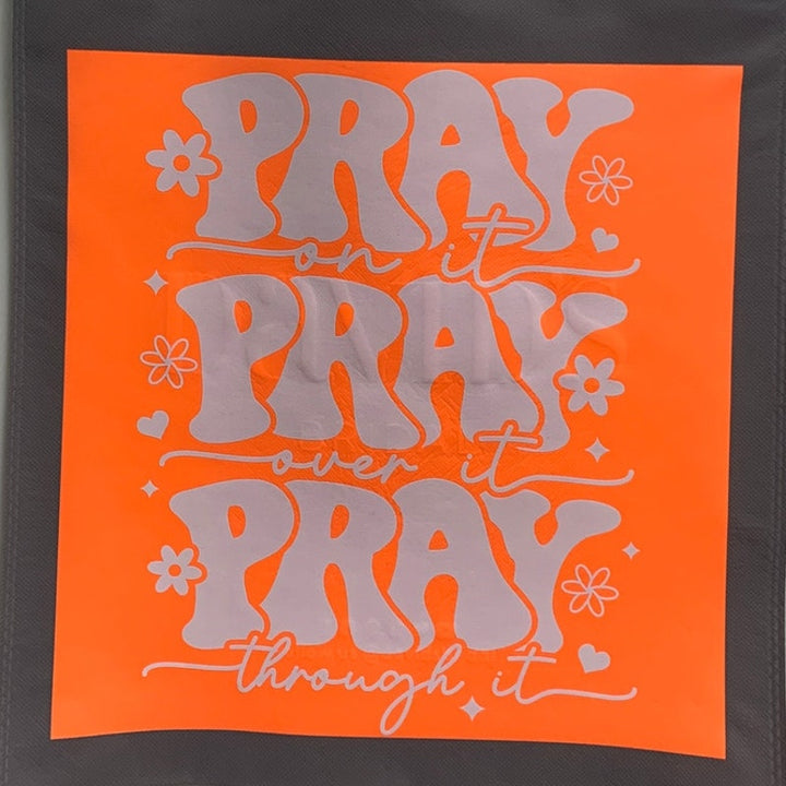New Upcycled Hand Printed Pray On It Over It Through It Shopper Tote Bag