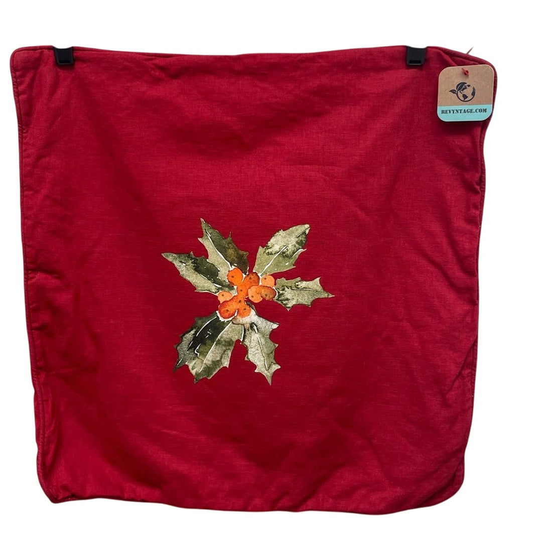 Hand Printed Upcycled Christmas Holly Leaf Berry Cotton Blend Toss Pillow Case