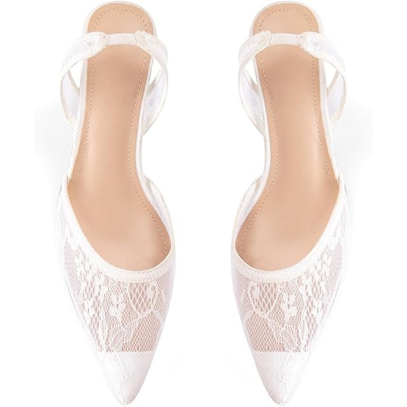 Lhamo Latso Womens Size 6.5 White Lace Mesh Pointy Toe 4" Heel Slingback Shoes