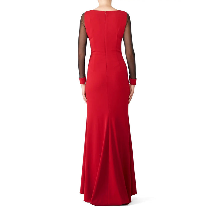 Badgley Mischka Women Size 4 Long Red Black Ruby Illusion Long Sleeve Gown Dress