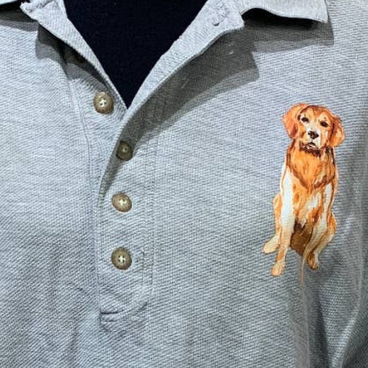 Hand Printed Upcycled Mens Medium Golden Retriever Puppy Dog Collared Polo Shirt