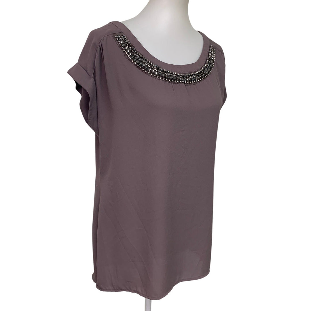 Studio Y Womens Large 100% Polyester Short Sleeve Beaded Collar Blouse Top