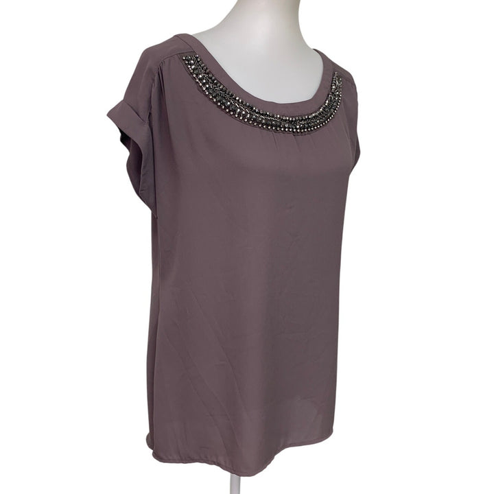 Studio Y Womens Large 100% Polyester Short Sleeve Beaded Collar Blouse Top