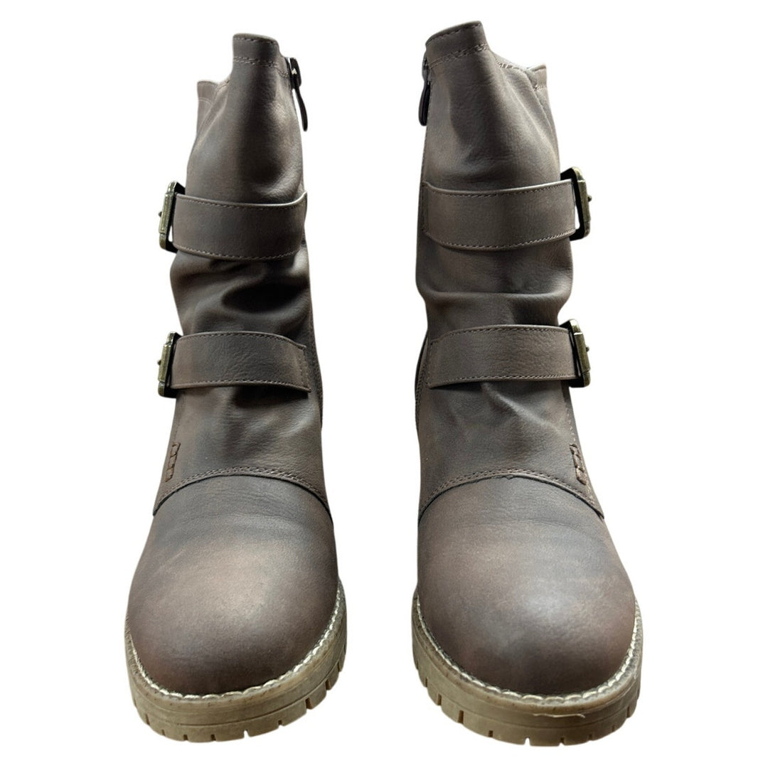 Global Win Womens Size 5.5 Brown Faux Leather Lace Up Mid Calf Motorcycle Boots
