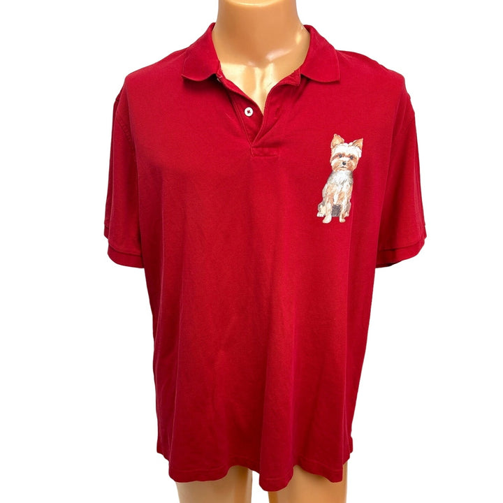 Hand Printed Upcycled Mens XL Yorkshire Terrier Yorkie Dog Polo Shirt