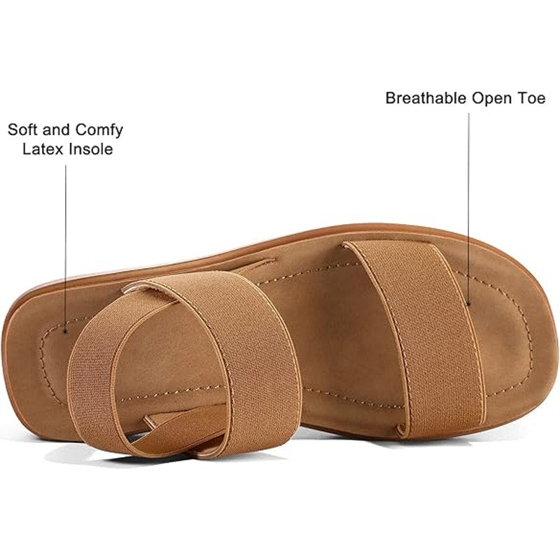 Mysoft Womens 9.5 Camel Brown 1.5" Platform Wedges Elastic Strap Sandal Shoes