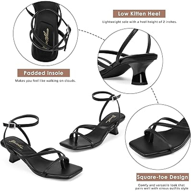 Genshuo Womens Size 6 Black Strappy 2.5" Heel Open Toe Thong Dressy Sandal Shoes