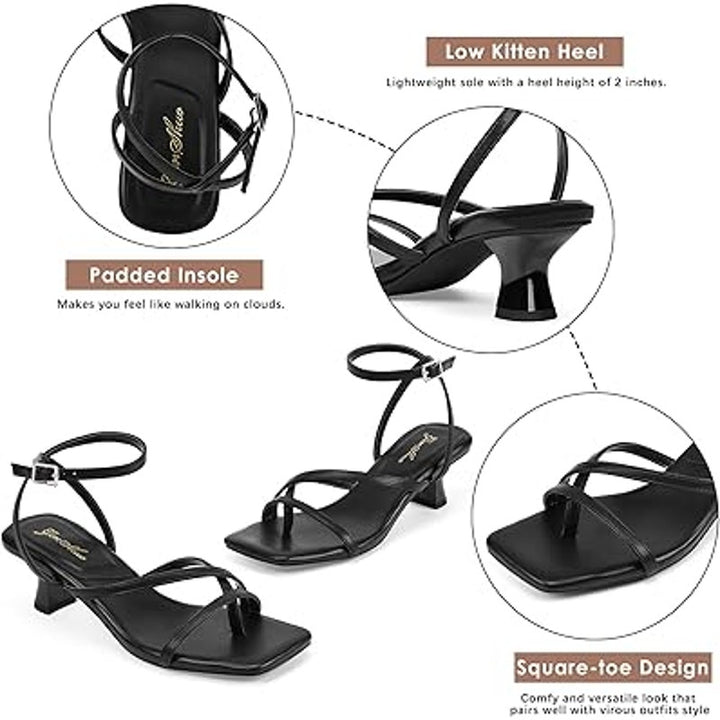 Genshuo Womens Size 6 Black Strappy 2.5" Heel Open Toe Thong Dressy Sandal Shoes