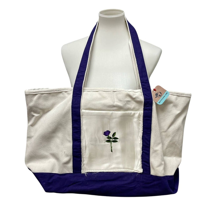 Upcycled Embroidered Purple Rose Full Zip Top Cotton Canvas Tote Bag Pocket