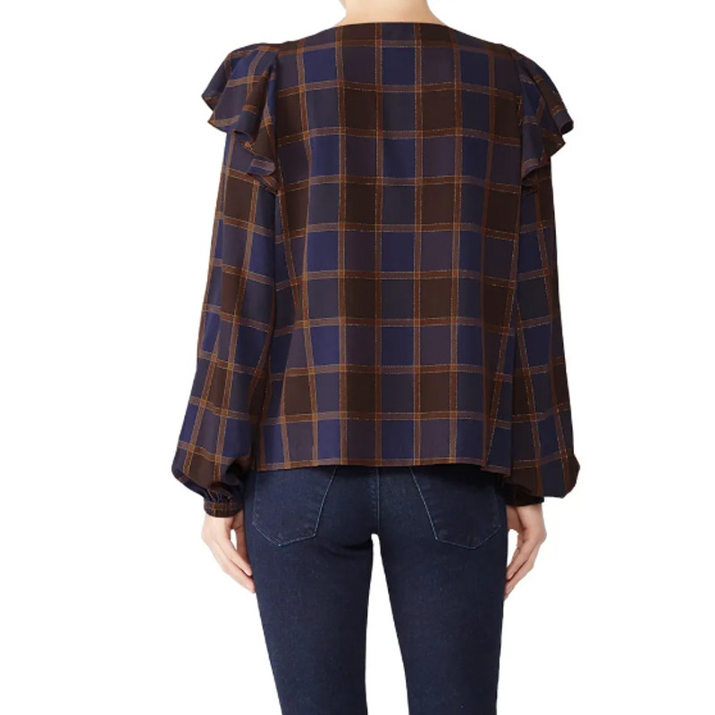 Nicole Miller Artelier Womens Medium Plaid Boyfriend Ruffle Long Sleeve Blouse