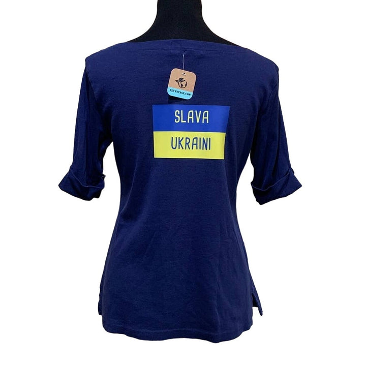 Upcycled Hand Printed Medium Summer Seagull Flag Slava Ukraini Artist Tee