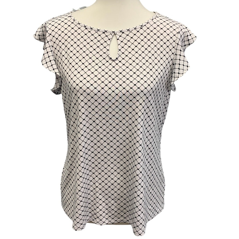 Worthington Womens Medium Keyhole Front Ruffled Short Sleeve Career Blouse Top