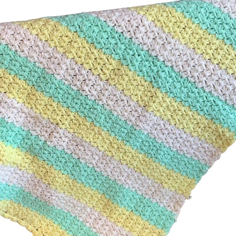 Handmade Pastel Green Yellow White Crocheted Baby Blanket Afghan Throw