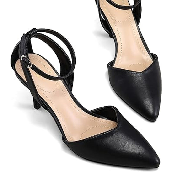 MySoft Womens 7 Black Faux Leather Closed Toe Ankle Strap 3" Heel Pumps Shoes