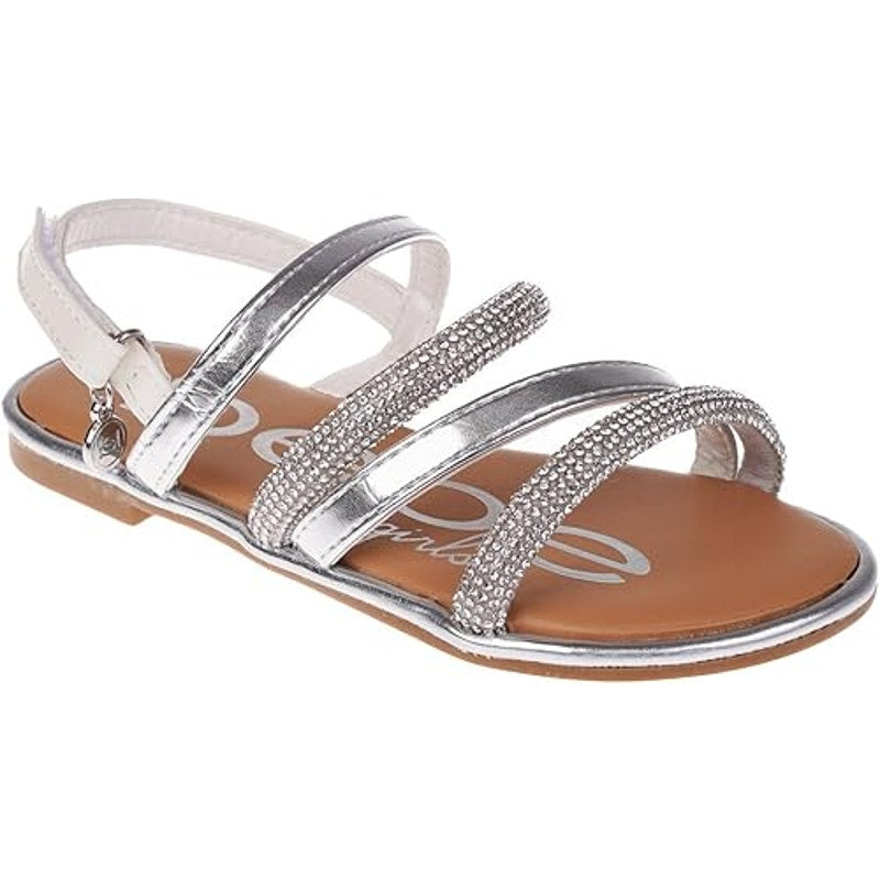 Bebe Little Girls Size 12 Silver Rhinestone Hook Loop Open Toe Flat Sandal Shoes