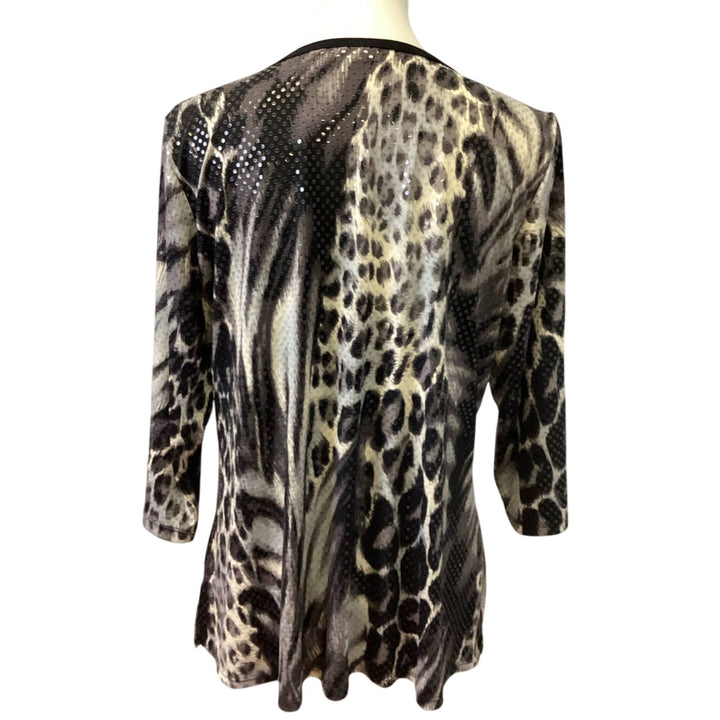 Susan Graver Large Animal Zebra Stripe Leopard Spot V-Neck Sequin Sparkle Top