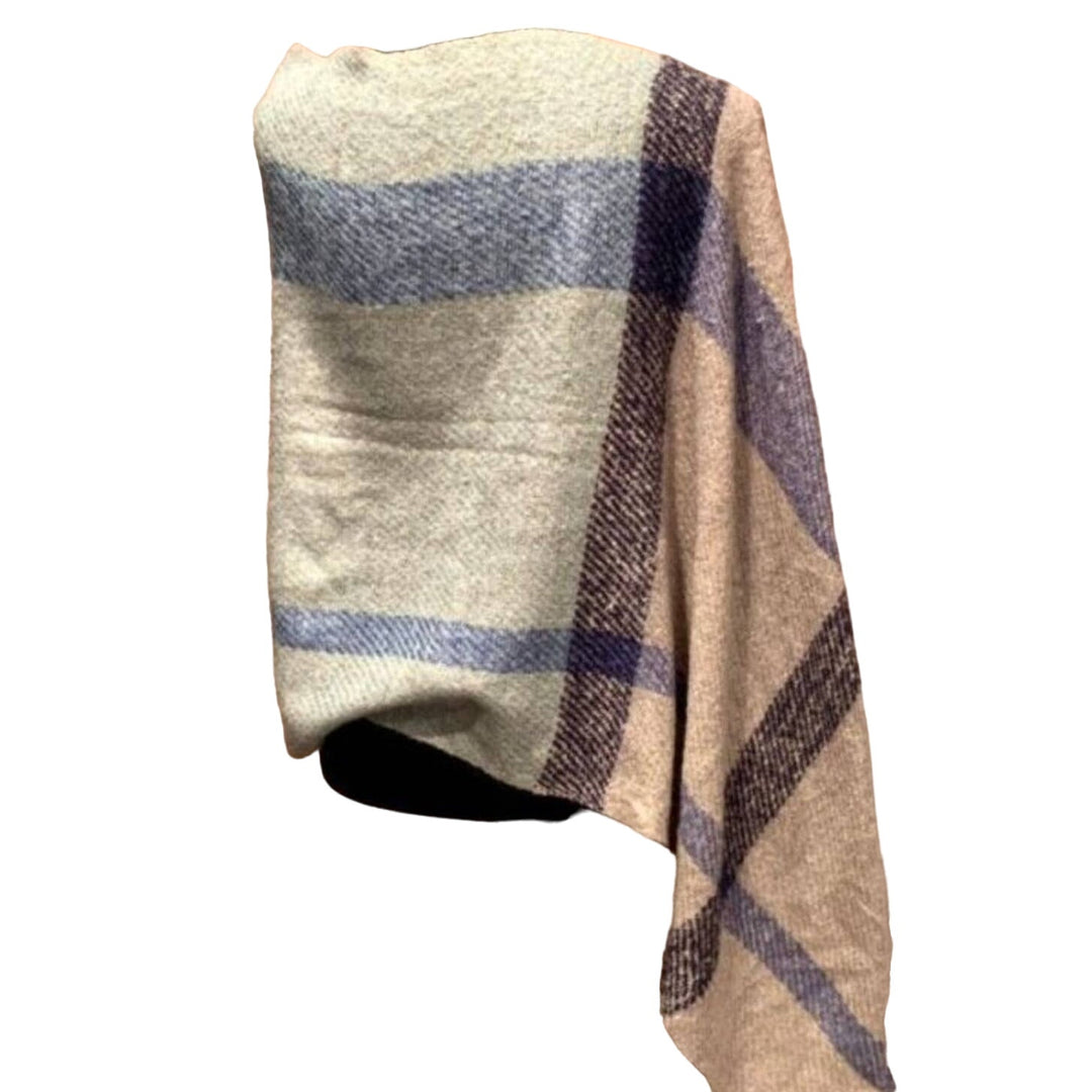 Handmade Upcycled 100% Acrylic Blue White Plaid Warm Fringed Poncho Wrap