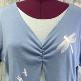 Hand Printed Upcycled Womens 26/28W Layer Look Dragonfly Short Sleeve Blouse Top