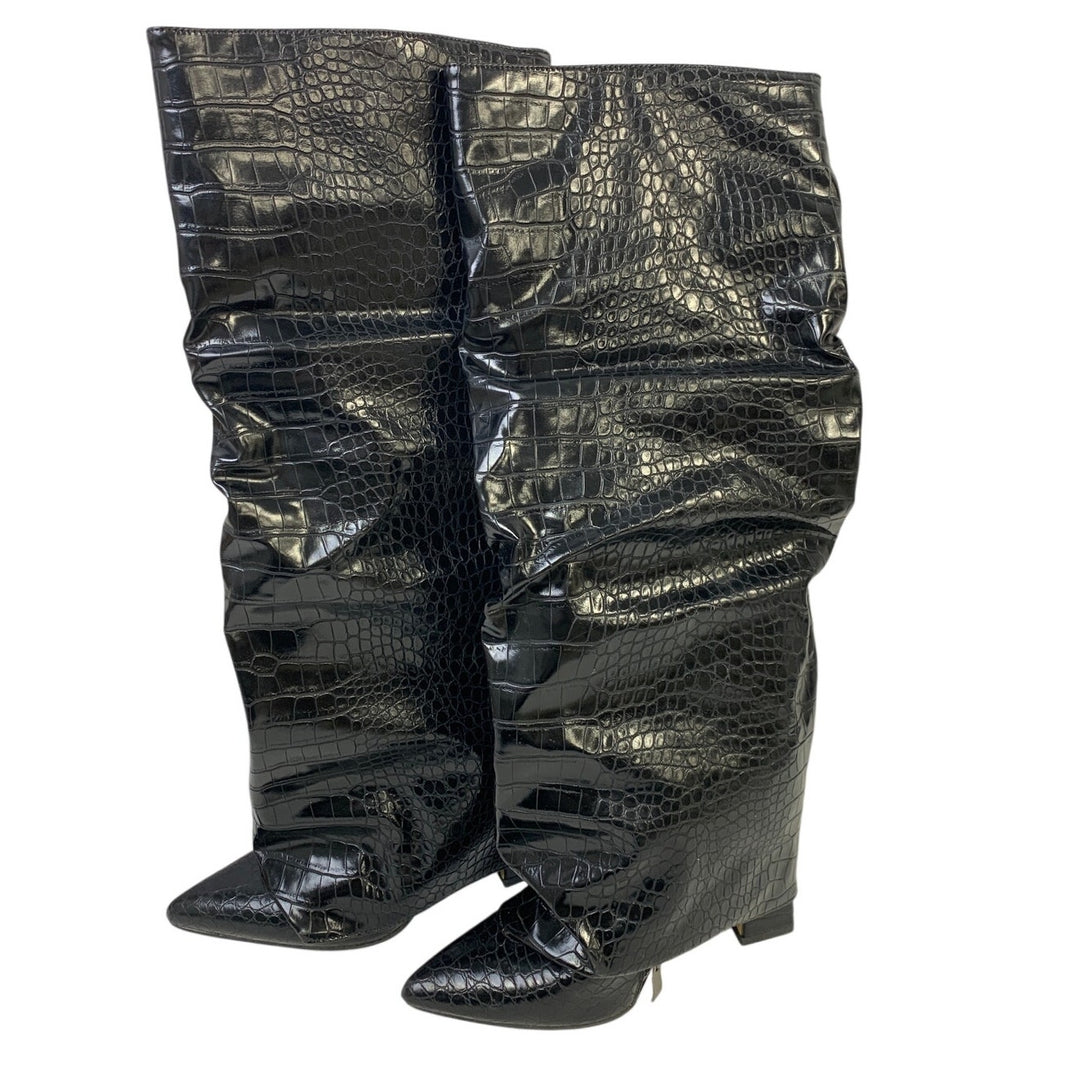 Womens Size 6 Black 4" Heel Knee High Boot Faux Leather Pointed Toe Slouch Shoes