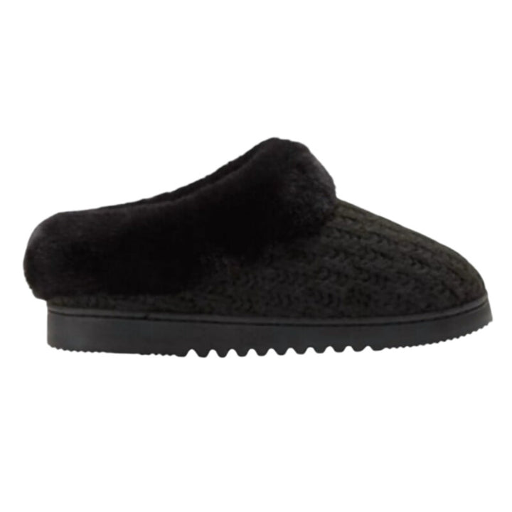 New In Box Dearfoam Women Medium 7/8 Black Faux Fur Lined Knit Slide On Slippers