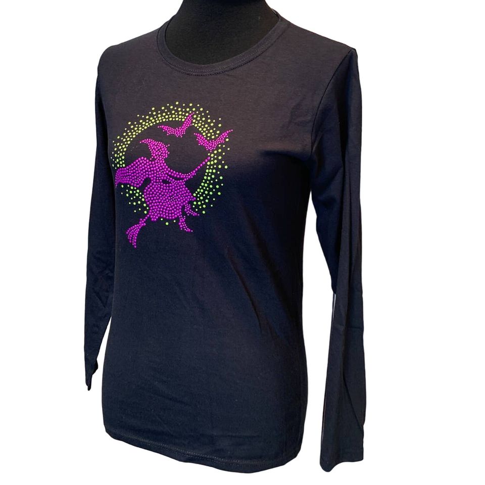 New Hand Printed Medium Halloween Witch Long Sleeve Black Light Glow Tee Shirt