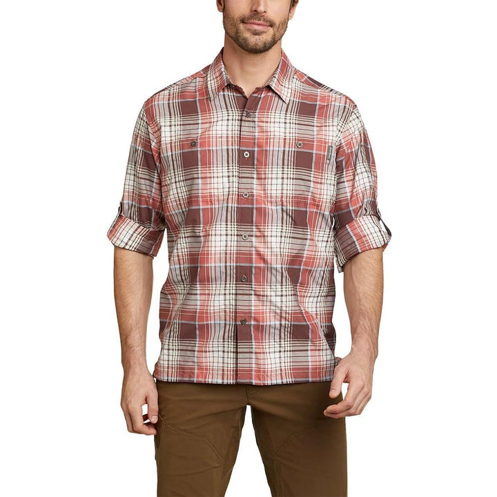 New Eddie Bauer Mens Small Redwood Plaid Rainier 2.0 Long Sleeve Hiking Shirt
