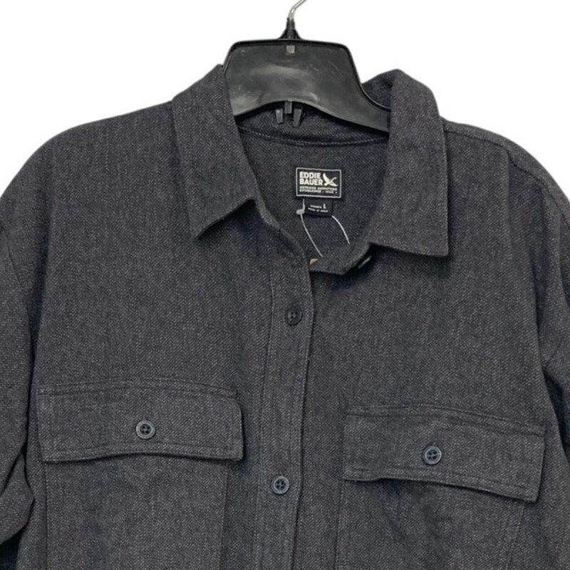 New Eddie Bauer Womens Gray Cotton Ballard Flap Pocket Novelty Button Up Shirt