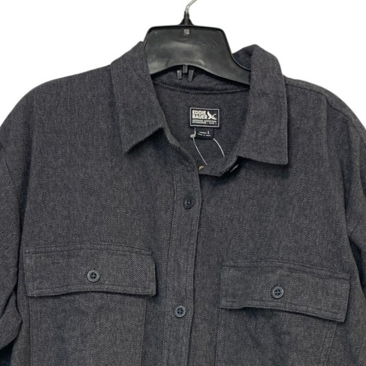New Eddie Bauer Womens Gray Cotton Ballard Flap Pocket Novelty Button Up Shirt
