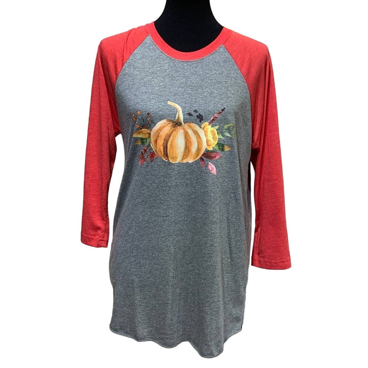 New Hand Printed Womens Small Pumpkin Autumn Fall Flower 3/4 Sleeve Raglan Tee